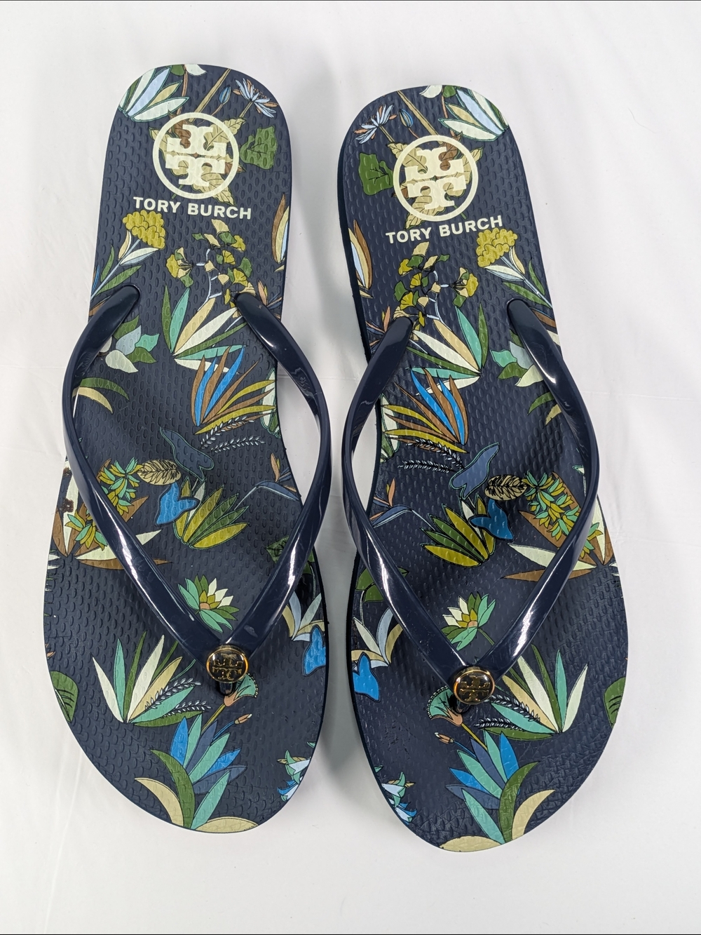 Tory Burch Navy Floral Logo Flip Flops